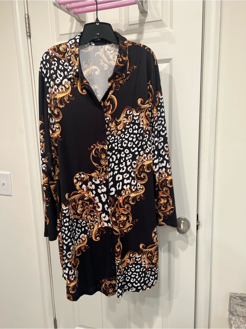 Black Longline Button shirt dress with Gold Baroque & White Leopard Print.